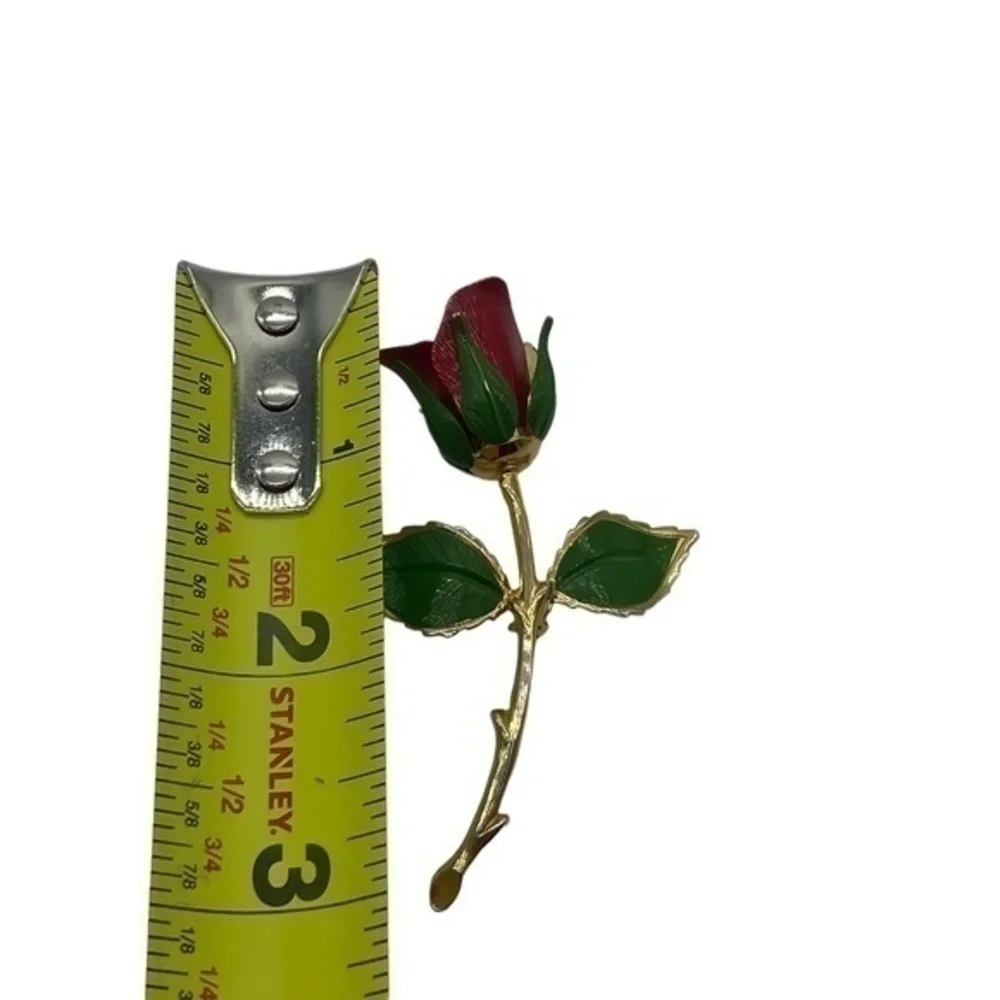 Red Rose Brooch Lacquer Coated Red Rose Brooch Gold Tone Trim Green Leaves